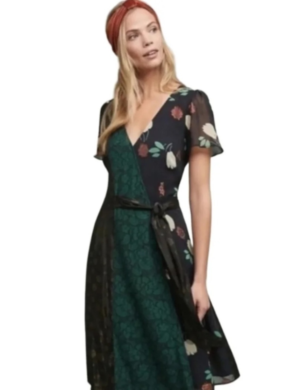Moulinette Soeurs Anthropologie Black Floral & Emerald Wrap Dress size 2